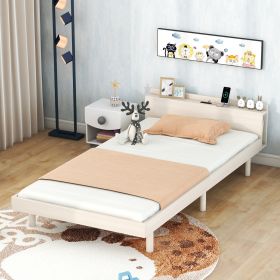 Modern Twin Platform Bed Frame with USB Port – White Washed Finish