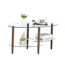 Transparent Oval Glass Coffee Table with Oak Legs – 3-Layer Modern Table