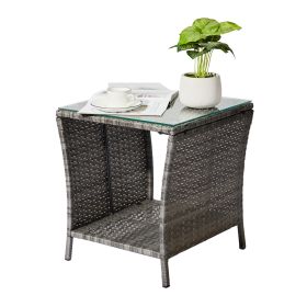 Gray Gradient Rattan Side Table  With Removable Glass Top
