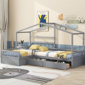 Twin House Platform Bed with 3 Storage Drawers – Gray Pine