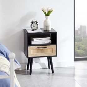 Black Side Table With Rattan Drawer