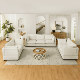 3-Piece Chenille Fabric Upholstered Living Room Furniture Set – Beige White