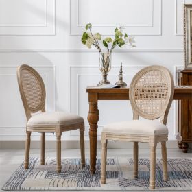 French Style Solid Wood Linen & Rattan Dining Chairs – Set of 2