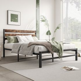 Full Platform Bed with Rustic Wood Headboard & Metal Frame – Brown/Black