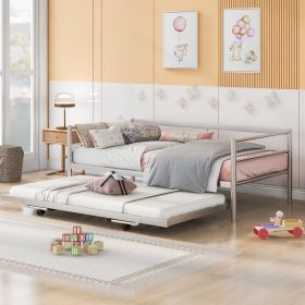 Twin Size Metal Daybed with Adjustable Pop-Up Trundle – Silver