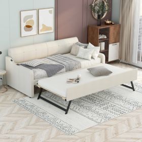 Twin Upholstered Daybed with Trundle & USB Charging – Beige