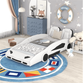 Double Race Car Platform Bed with Wheels – White