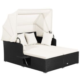Patio Rattan Daybed with Retractable Canopy & Side Tables