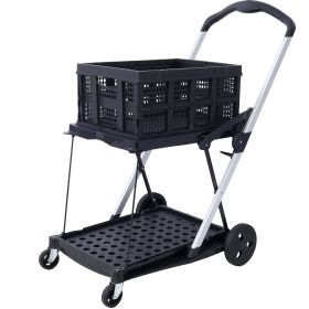 Foldable 2-Tier Utility Cart with Basket and Locking Foot Brake