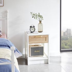 White End Table With Rattan Drawer