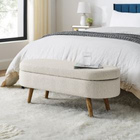 Oval Storage Ottoman Bench With Rubber Wood Legs, Beige
