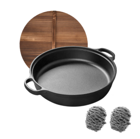 Cast Iron Wok With Dual Handles And Wooden Lid (11.8 Inch)