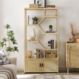 7-Tier Rattan Bookshelf with Storage Cabinet & Metal Frame