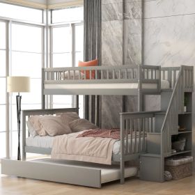 Twin Over Full Bunk Bed with Trundle & Staircase – Gray Pine Frame
