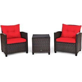 3-Piece Outdoor Rattan Set with Red Cushions & Glass Table