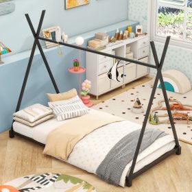 Metal Twin House Platform Bed Frame – Triangle Roof Design – Black