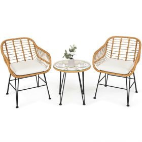 3-Piece Outdoor Rattan Bistro Set With Cushioned Chairs & Table (Color: White)