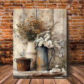 Rustic Jasmine Bloom Canvas Art – Cream Wood Grain & Weathered Watering Can (Option: 12x8inch)