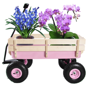Outdoor Wagon All-Terrain Garden Cart with Wood Railing & Air Tires (Color: Pink)