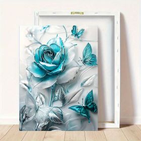 Ethereal Bloom Canvas Wall Art – Turquoise Rose & Teal Butterflies (Option: 12x8inch)
