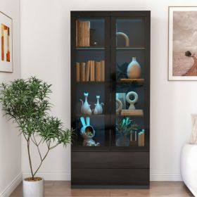 Black LED Display Cabinet with Glass Doors and 2 Drawers (Color: Black)