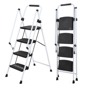 White Step Stool with Safety Handle (4 Steps) (Color: White)