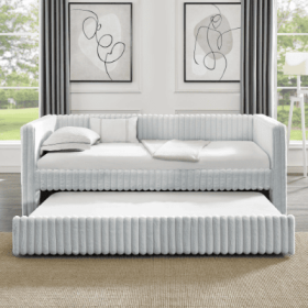 Twin Size Pull-Out Sofa Bed with Armrests – Corduroy Upholstery (Color: LIGHT GREY)