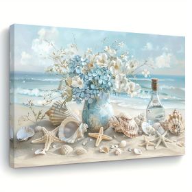 Blue Vase Floral Ocean Theme – Framed Canvas Art (Option: 24x16inch)