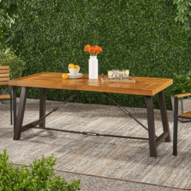 Lovewood Teak Outdoor Dining Table with Metal Base (Color: Brown)