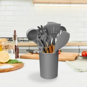 11-Piece Silicone Cooking Tool Set – Carbon Steel Core & Wood Handles (Color: Grey)