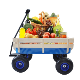 Outdoor Wagon All-Terrain Garden Cart with Wood Railing & Air Tires (Color: Blue)