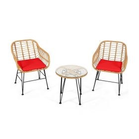 3-Piece Outdoor Rattan Bistro Set With Cushioned Chairs & Table (Color: Red)