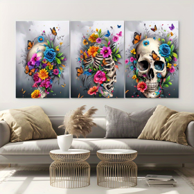 Floral Rebellion 3-Piece Skull Art Canvas Set – Framed Abstract Wall Décor (Option: 12x8inch)