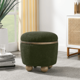 Round Storage Stool with Cushioned Seat – Dark Green (Color: Green)