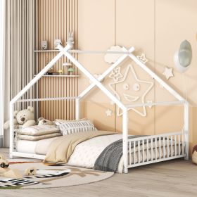 Full Size Steel House Bed Frame with Roof – White Finish (Color: White)