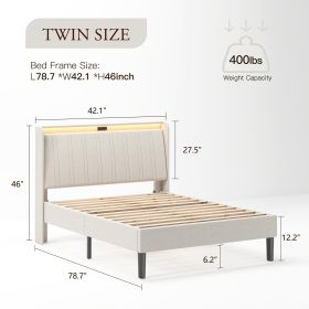 Platform Bed Frame with Upholstered Headboard & Charging Ports (Option: Twin)