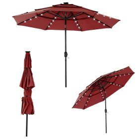 3-Tier Solar Patio Umbrella With 32 LED Lights (Color: Red)