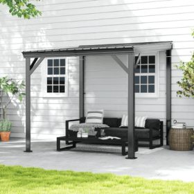 8x8 Lean-To Hardtop Gazebo – Wall-Mounted Galvanized Steel Roof (Option: Gray)