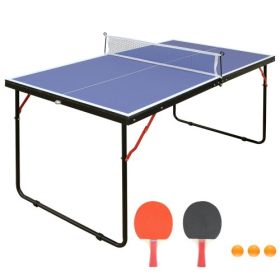 4.5ft Foldable Ping Pong Table Set – Indoor Game Table with Net & Paddles (Color: Blue)