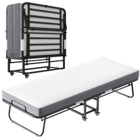Folding Bed with Memory Foam Mattress – All-Steel Frame, Black (Color: Black)