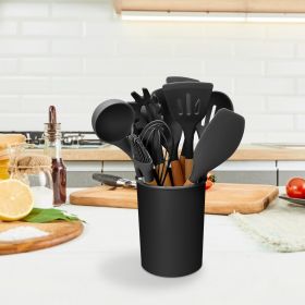 11-Piece Silicone Cooking Tool Set – Carbon Steel Core & Wood Handles (Color: Black)