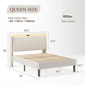 Platform Bed Frame with Upholstered Headboard & Charging Ports (Option: QUEEN)
