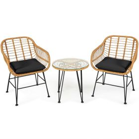 3-Piece Outdoor Rattan Bistro Set With Cushioned Chairs & Table (Color: Black)