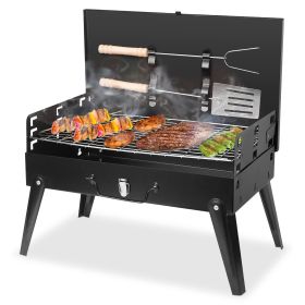 Portable Foldable Charcoal BBQ Grill – Adjustable Outdoor Cooker (Color: Black)