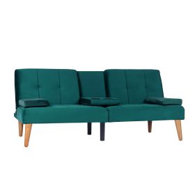 Velvet Futon Sofa Bed with Cup Holders – Compact Comfort with Classic Utility (Color: Green)